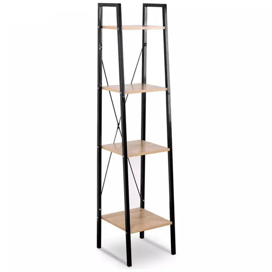 Een zwarte metalen ladderboekenkast met houten planken, gevuld met boeken en een groene plant. Ideaal voor moderne woonkamerdecoratie of kantoororganisatie.