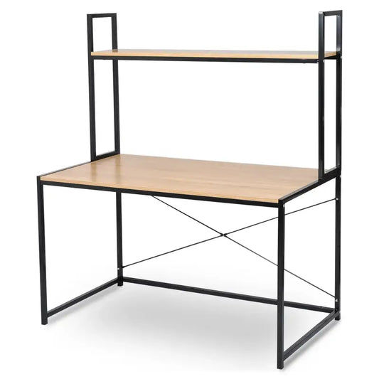 Een moderne houten bureau met zwart metalen frame, voorzien van een bovenste plank met boeken, een Eiffeltorenmodel en een fotolijst. Ideaal voor thuiswerken of studie, met decoratieve accessoires op de werkbladen.