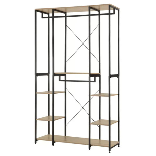 Een moderne kledingkast met houten planken en zwart metaalframe, gevuld met kleding, een plant, en accessoires. Ideaal voor kleine ruimtes en minimalistische interieurs.