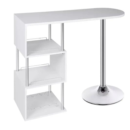 Een witte, moderne barhocker met glazen schuifplanken voor wijnglazen en borden, en een ondersteunende metalen structuur. Ideaal voor kleine woonruimtes of als bar in de keuken.