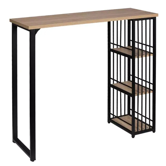 Een hoge, industriële werktafel met houten blad en zwart metalen frame, voorzien van een boekenkast aan de zijkant. Ideaal voor thuiswerken of kantoorruimte met een moderne, functionele stijl.