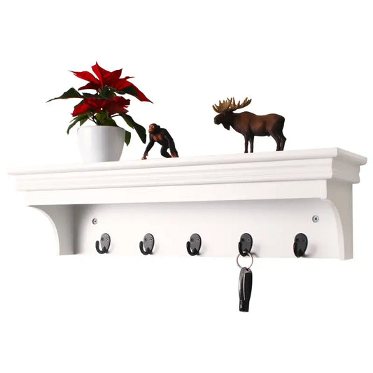 Een witte wandplank met vijf zwarte haakjes, waarvan één een sleutel draagt, en een boek met een zebra-afbeelding. Decoratieve orchidee en boeken op de plank voor een stijlvolle woonkamer of entree.
