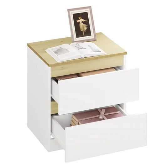 Een wit nachtkastje met houten blad en trekker, geschikt voor slaapkameropslag. Modern design met glanzende fronten en natuurlijke houtkleur.