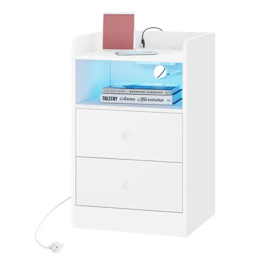 Wit nachtkastje met blauwe LED-verlichting en twee laden, voorzien van een stekkerkabel, geschikt als nachtkastje of decoratief meubel in slaapkamer.