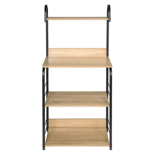 Een vierlaags opbergrek met houten planken en zwart metaalframe, geschikt voor keuken of woonkamer. Ideaal voor opslag van boeken, decoratie of keukengerei.