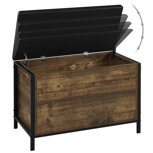Een zwart, opgevulde zitbank met een houten front in bruin, met een metalen frame. Ideaal voor woonkamer of slaapkamer als opslagmeubel met zitfunctie.