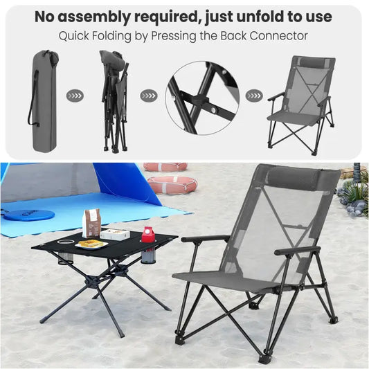 Grijs opvouwbare ligstoel met mesh zitting en rugleuning, zwart metalen frame en armleuningen. Inclusief opvouwbare tas voor kamperen en tuinfeesten.