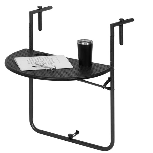 Zwarte, halfronde wandtabel met textuur en twee drinkhoudergaten, geschikt voor gebruik bij een raam of deur. Ideaal voor binnen- en buitenruimtes, met verstelbare beugels voor optimale stabiliteit.