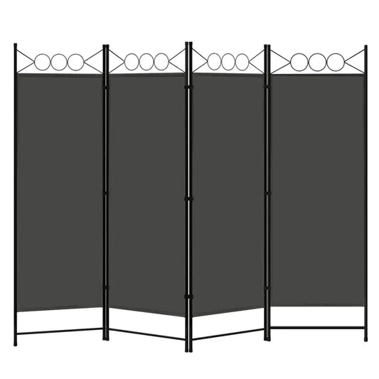 Een zwarte, drievoudige schermwand met donkergrijze stoffen panelen en een decoratief bovenstuk van gevlochten metalen cirkels. Ideaal voor privacy in woon- of kantoorruimtes.
