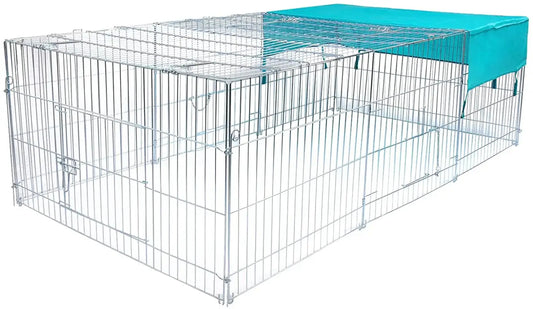 Grote zilverkleurige metalen hok voor konijnen, voorzien van een turkoois dak en met afsluitbare deuren. Ideaal voor binnen- en buitengebruik, geschikt voor konijnen en andere kleine dieren.