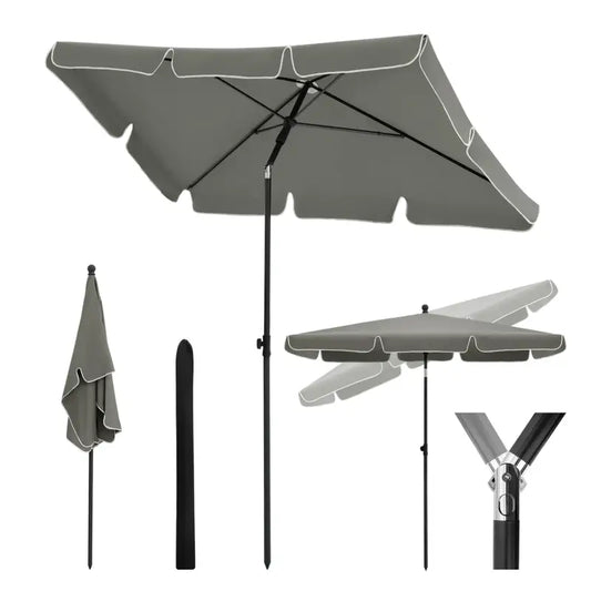Een crèmekleurige tuinparasol met zwart metalen frame, uitgebreid en opgevouwen, met zichtbare stok en verstelbare basis voor buiten gebruik. Geschikt voor terras of tuin, met sterk materiaal voor zonbescherming.