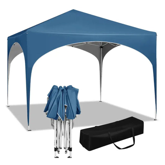 Een witte, opgezette pop-up tent met metalen frame en opgevouwen stof, naast een zwarte draagtas, geschikt voor evenementen en buitenactiviteiten.