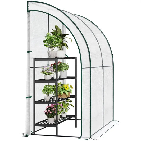 Een witte, opvouwbare tuinstructuur met groene metalen frame en mesh-zichtbaarheid, geschikt voor groenten en bloemen in de tuin. Ideaal voor kweek van groenten en bloemen in de tuin.