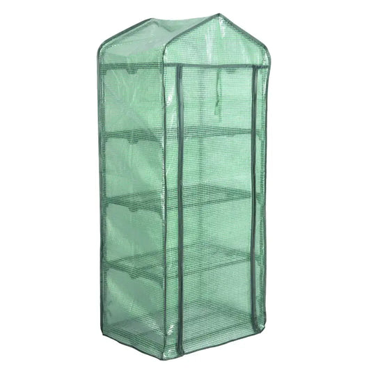 Groene opvouwbare serre met meshwand en zwarte metalen rekken, geschikt voor binnen- en buitengebruik. Zichtbaar roll-up dak en verstelbare onderdelen voor plantenverzorging.