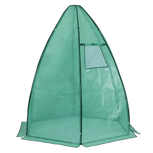 Groene, opvouwbare tuin tent met meshstructuur en zwarte stiksels, geschikt voor plantenbescherming tegen insecten en zonlicht. Ideaal voor tuinieren en groeikamerfunctie.