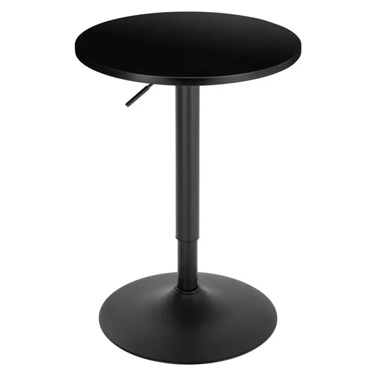 Een zwarte, ronde verhoogbare tafel met een stijlvolle metalen potenconstructie, geschikt voor kantoor- of woonruimte. Op de tafel staat een koffiekopje, een open boek en een decoratief klokje.