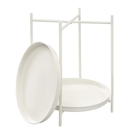 Een witte, ronde tafel met twee niveaus, gemaakt van metaal met een gladde, matte afwerking. Ideaal voor moderne woonkamers of als bijzettafel in een minimalistisch interieur.