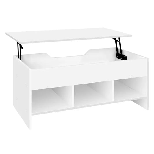 Een witte, opklapbare werktafel met een laptop en koffiekopje op de bovenkant, en een opbergvak met kleurrijke stiften, boeken en een radio voor thuiswerk of studie. Ideaal voor compacte ruimtes en multifunctionele gebruik.