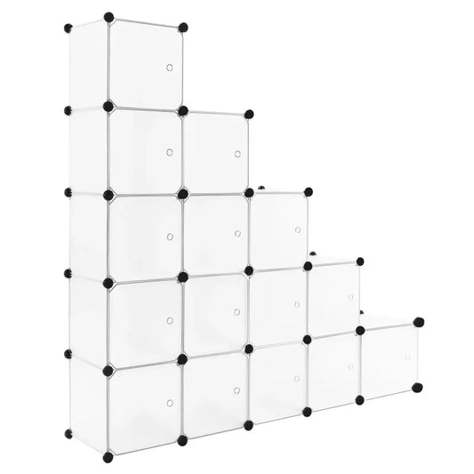 Een transparante opbergkast met zwart metalen frame en zwarte knoppen, geschikt voor moderne woonruimtes. Ideaal voor opslag in kantoor of woonkamer met flexibele ruimtelijke oplossing.
