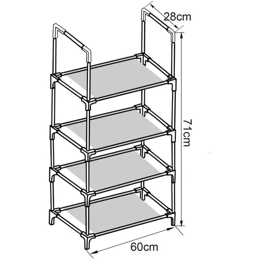 Grijze vierlaagse schoenenrek met zwart metalen frame en witte beugels, gevuld met roze flats, sneakers en sandalen. Ideaal voor opbergen in badkamer of woonkamer.