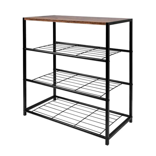 Een zwart metalen schoenenkastje met houten bovenplaat en drie draadgrootjes, ideaal voor opbergen in de hal of woonkamer. Geschikt voor schoenen, tassen en kleine huishoudelijke items.