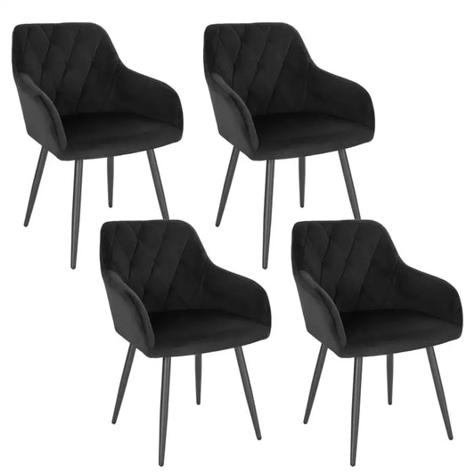 Een set van vier witte, gestoffeerde eetkamerstoelen met kussens en zwarte metalen poten, geschikt voor moderne interieurs. Perfect voor een stijlvolle eetkamer of woonkamer.