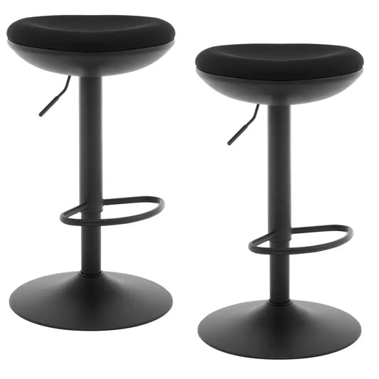 Zwarte, verhoogbare barstoelen met zachte, grijze zittingen en metalen voeten. Ideaal voor moderne keukens of bars, met verstelbare hoogte en stabiliteit.