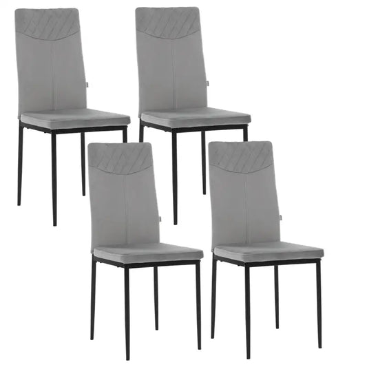 Een set van vier moderne witte eetkamerstoelen met gestikt bekleding en zwarte metalen poten, geschikt voor een stijlvolle eetkamer of woonkamer. Perfect voor een moderne interieurdecoratie.
