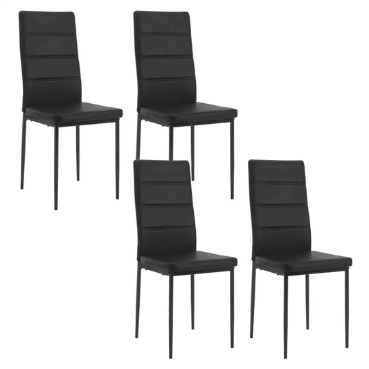 Grijze, gestoffeerde eetkamerstoelen met gestikt bekleding en zwarte metalen poten, geschikt voor moderne eetkamers of woonruimtes. Set van vier, met comfortabele zitting en rugleuning voor dagelijks gebruik.