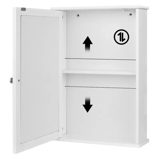 Een witte, klassieke spiegelkast met een glazen deur en een zilverkleurige klink, geschikt voor badkamer of slaapkamer. Perfect voor opbergen van cosmetica en spiegels in een moderne badkamer.