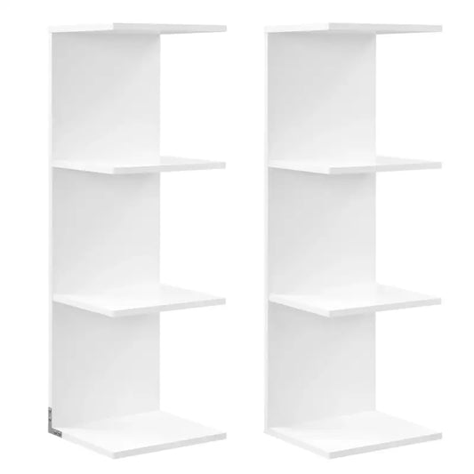 Een witte, minimalistische wandkast met zes vlakke planken, geschikt voor moderne interieurs. Ideaal voor boeken, decoraties of opslag in woon- of kantoorruimtes.