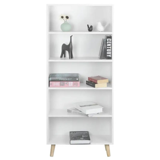Een lichtgekleurd houten boekenkast met vijf planken en dunne poten, geschikt voor woonkamer of slaapkamer. Modern ontwerp met zichtbare houtstructuur voor een warme, minimalistische uitstraling.