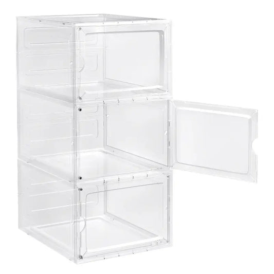 Transparante schoenenkast met vier vakken, gevuld met witte en beige sneakers en hoge hakken. Ideaal voor schoenenopslag in een moderne kast of woonkamer.