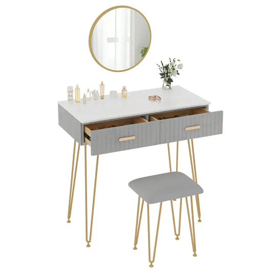 Een moderne make-up tafel met grijze textielkastjes en goudkleurige metalen poten, voorzien van een ronde spiegel. Ideaal voor een stijlvolle make-up of sieradenopslag in een slaapkamer.