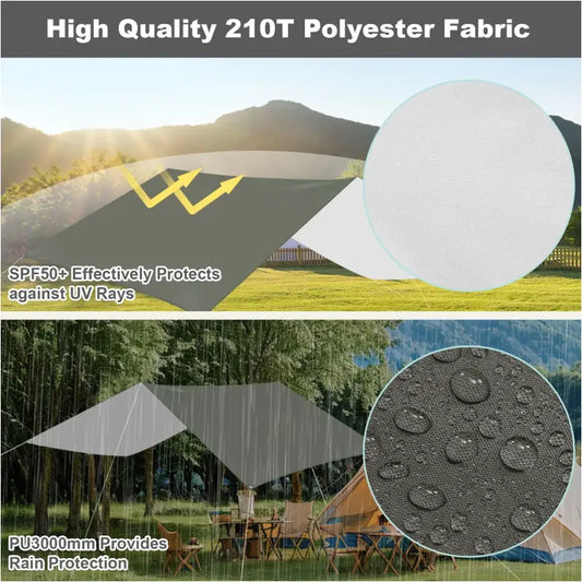 Grijze kampeer tentdoek met witte hoek, uitgerust met metalen stokken, witte touwen met rode klemmen en een opvouwbare draagzak, ideaal voor outdoor avonturen en zonbescherming.