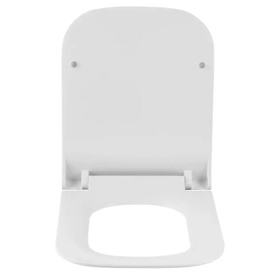 Een witte, gladde toiletzitting met zichtbare zilverkleurige bevestigingspunten. Geschikt voor moderne badkamers en geschikt voor vervanging van oude zittingen.