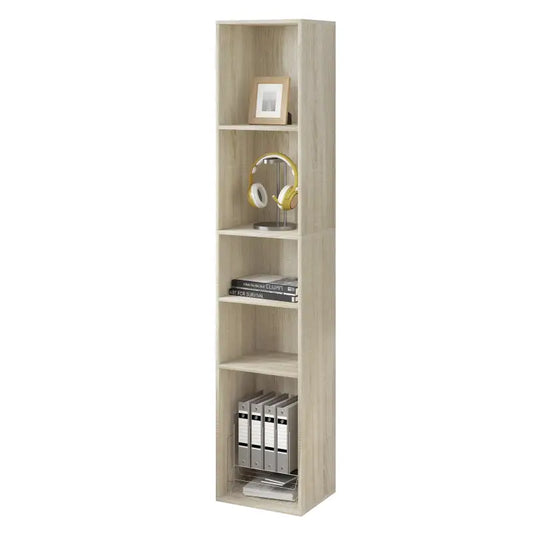 Een hoge, lichte houtstructuur met vijf lege vakken, geschikt voor boeken of decoratie. Perfect voor kleine ruimtes of als opbergkast in een woonkamer.
