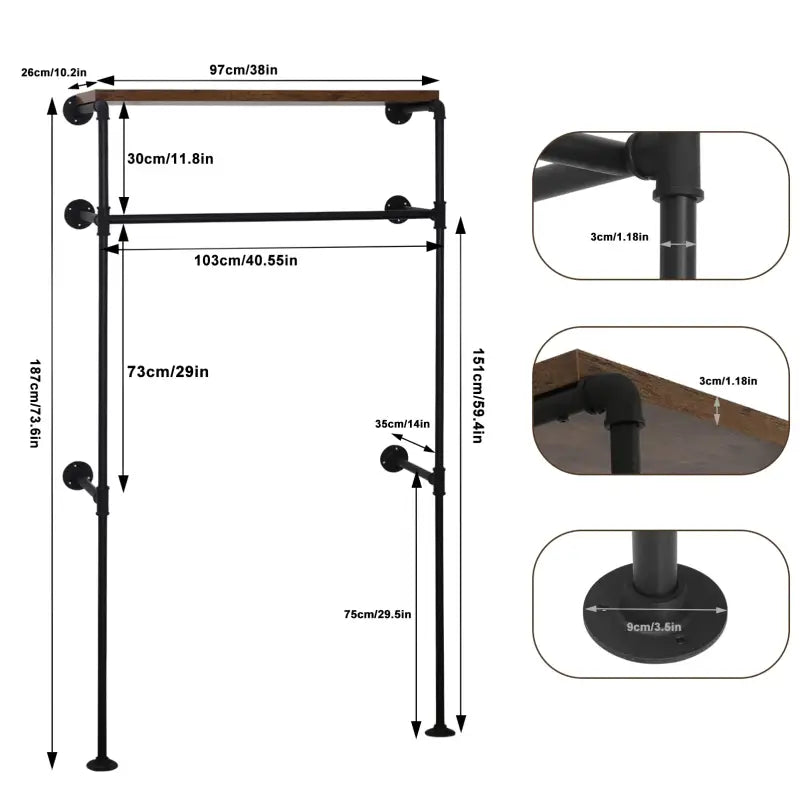 BukkitBow - Wandgemonteerd Kledingrek - Industriël / Vintage Stijl - Met Kledingrail en Plank - Robuust en Ruimtebesparend - 103x35x187cm
