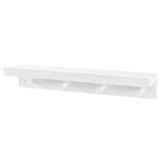 Een witte wandplank met hangers, waarop een gouden koptelefoon hangt, een boek over Amerikaanse dieren, een potloodhouder en een gouden kaktusdecoratie zijn geplaatst. Ideaal voor moderne kantoor- of woonruimteorganisatie.