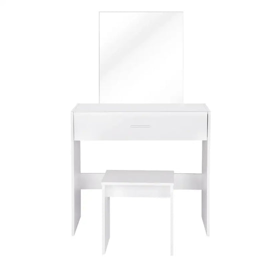 Een witte, glanzende make-up tafel met ingebouwd spiegel en één lade, geleverd met een bijpassende stoel, ideaal voor thuis of in een beauty studio.