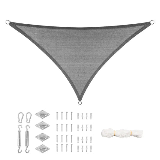 Grijs zonnescherm met meshstructuur en metalen ophangingen, inclusief bevestigingsset voor tuin of terras. Ideaal voor zonbescherming en privacy in buitenruimtes.