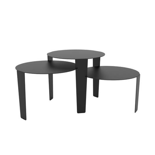 Een moderne, bruine salontafel met drie ronde bladen en gestileerde poten, geschikt voor woonkamer of lounge. Stijlvol design voor minimalistische interieurs en moderne woonruimtes.