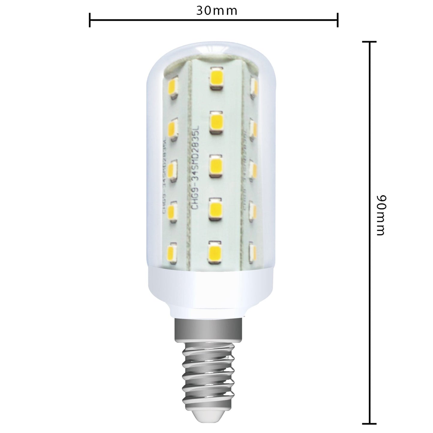 Een witte LED-lamp met warm wit licht en E14-schroefdraad, naast haar verpakking met 400 lumen. Geschikt voor energiezuinige verlichting in huishoudelijke en commerciële ruimtes.