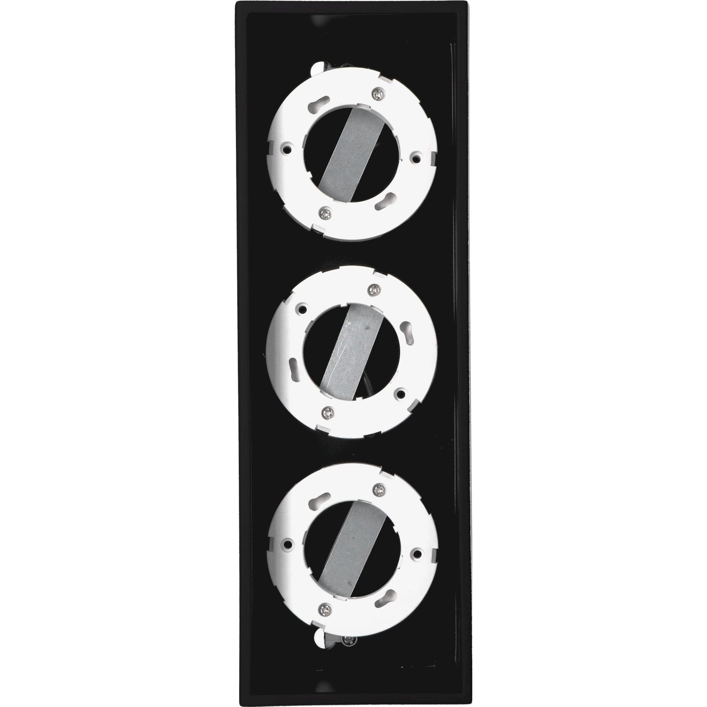 Zwart, rechthoekig LED-plafondlampenpaneel met drie witte GX53 lampen, naast de verpakking. Geschikt voor moderne interieurs en badkamers met minimalistische stijl.