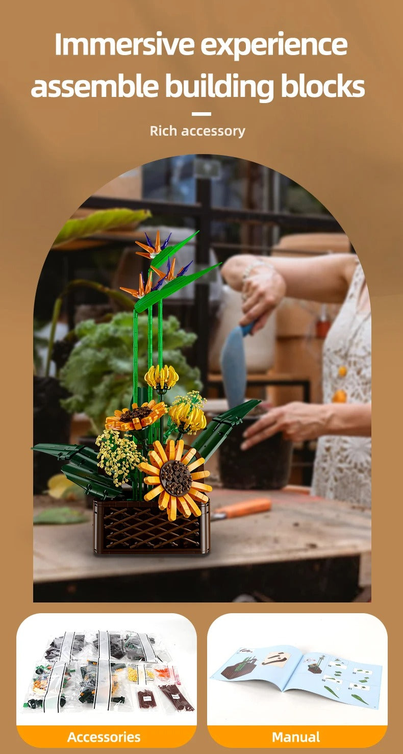 Comnox - Bloemenboeket Bouwset - Paradijsvogel & Zonnebloemen - 1600+ Onderdelen - Decoratief Model - Comnox Company