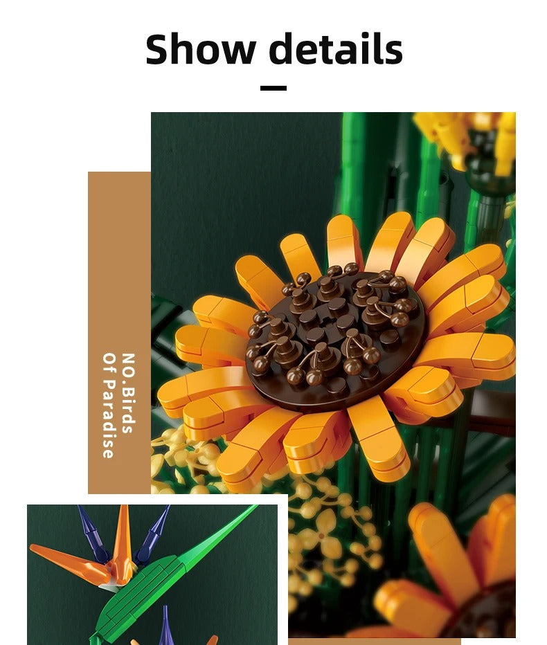 Comnox - Bloemenboeket Bouwset - Paradijsvogel & Zonnebloemen - 1600+ Onderdelen - Decoratief Model - Comnox Company
