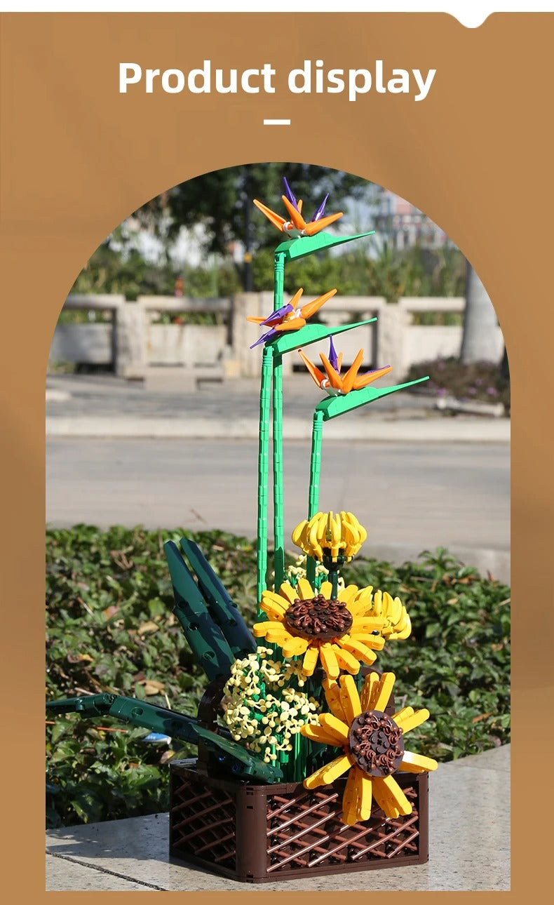 Comnox - Bloemenboeket Bouwset - Paradijsvogel & Zonnebloemen - 1600+ Onderdelen - Decoratief Model - Comnox Company
