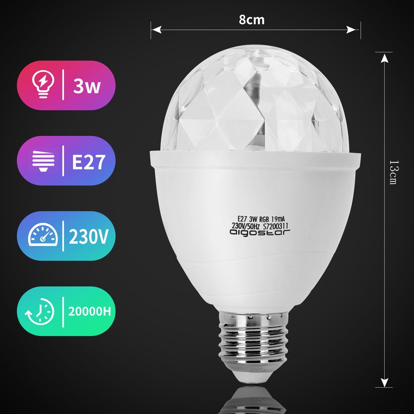 E27 RGB LED-verlichting met glanzende, facettenrijke bol die prachtige paarse en blauwe kleuren werpt, ideaal voor feestelijke sfeer en dansavonden. Witte basis met zichtbare technische specificaties en zilverkleurige schroefdraad.
