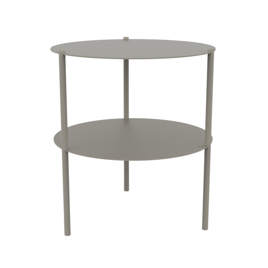 Een minimalistisch, zwart metalen salontafel met twee ronde planken, geschikt voor moderne woonkamerdecoratie. Ideaal voor kleine ruimtes en als bijzettafel in een stijlvolle, moderne woonkamer.