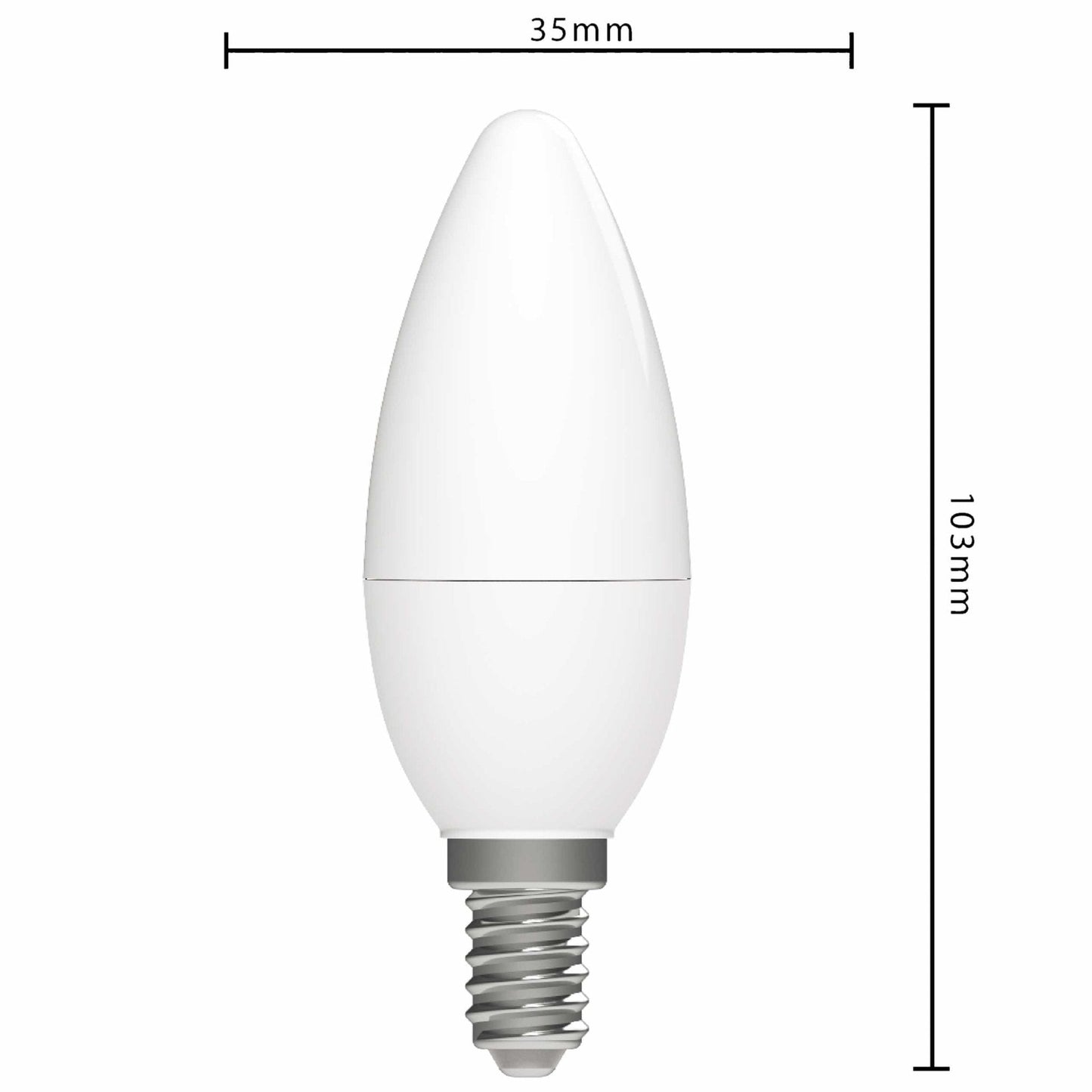 Een witte LED kaarslamp met E14 fitting, naast haar groene verpakking met 'warm white' en '470lm' aanduidingen, geschikt voor sfeerverlichting in woon- en decoratieve ruimtes.